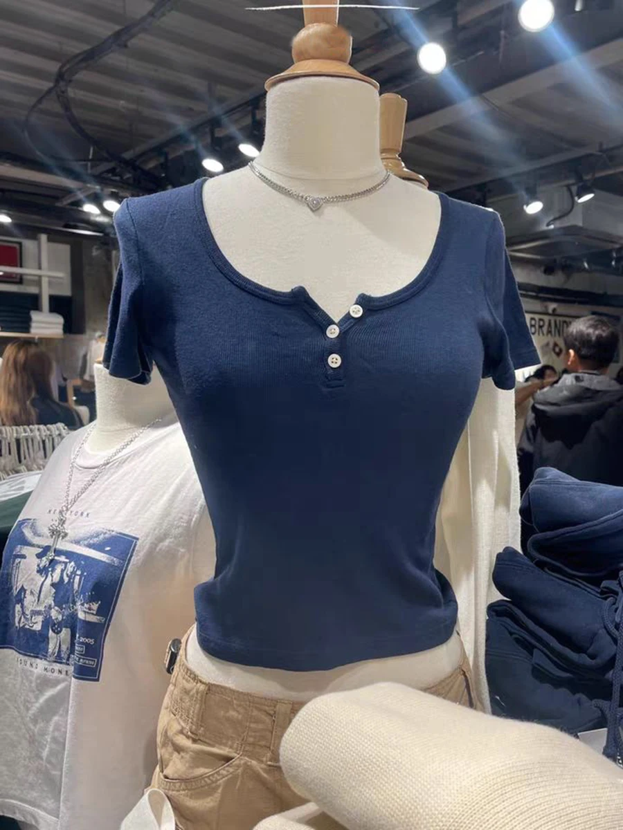 

Three Buttons Navy Cotton T Shirt Women Sweet Round Neck Short Sleeve Slim T-shirts Summer Streetwear Vintage Solid Crop Top Y2k