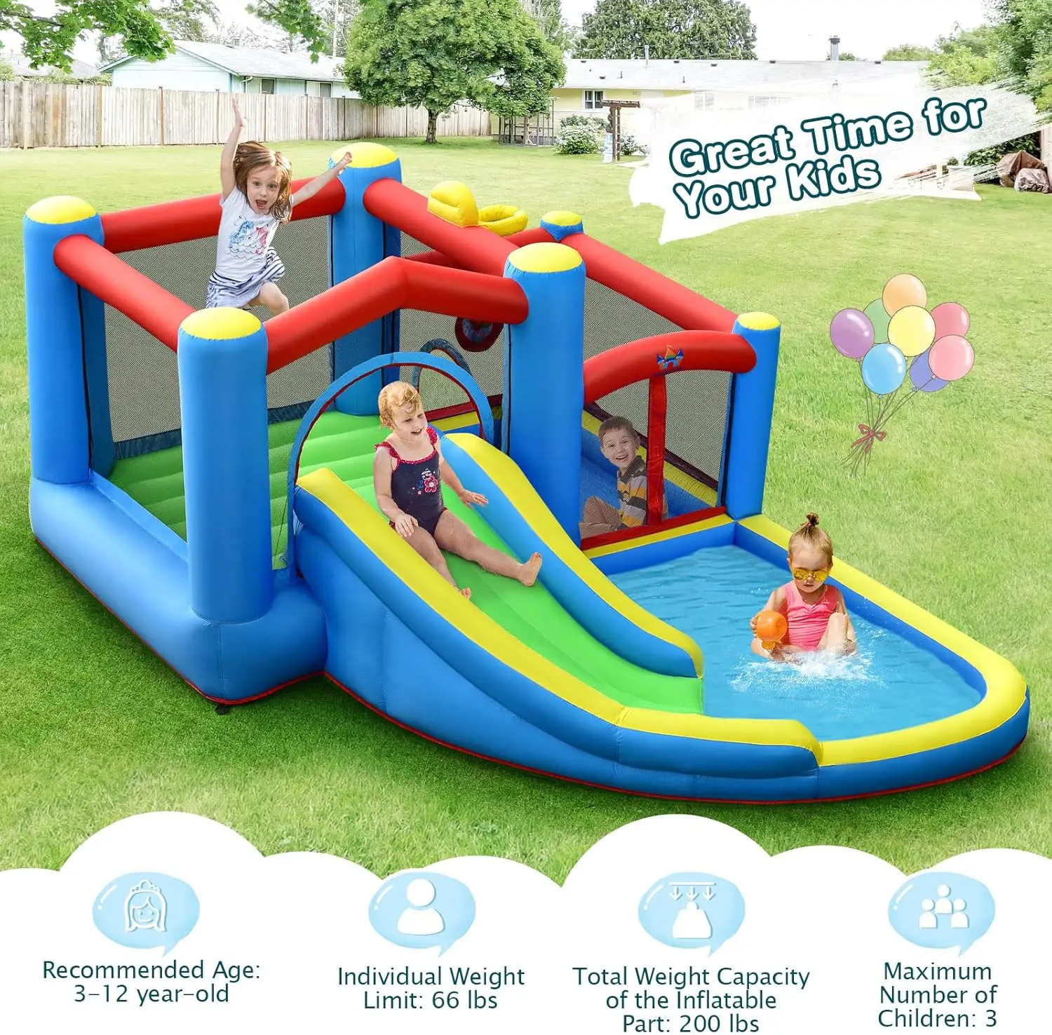 Inflatable Water Slide with 480w Blower, 6-in-1 Toddler Giant Blow Up Bouncy Water Park w/Target Ball&Climb, Water Bounce House