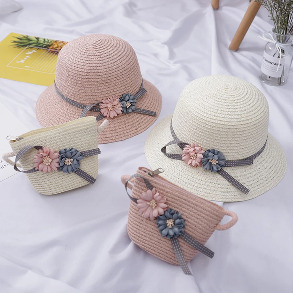 2pcs/set Kids Straw Hat And Purse Set Accessories For Princess Wind Protection Girls Hat Bag Set green