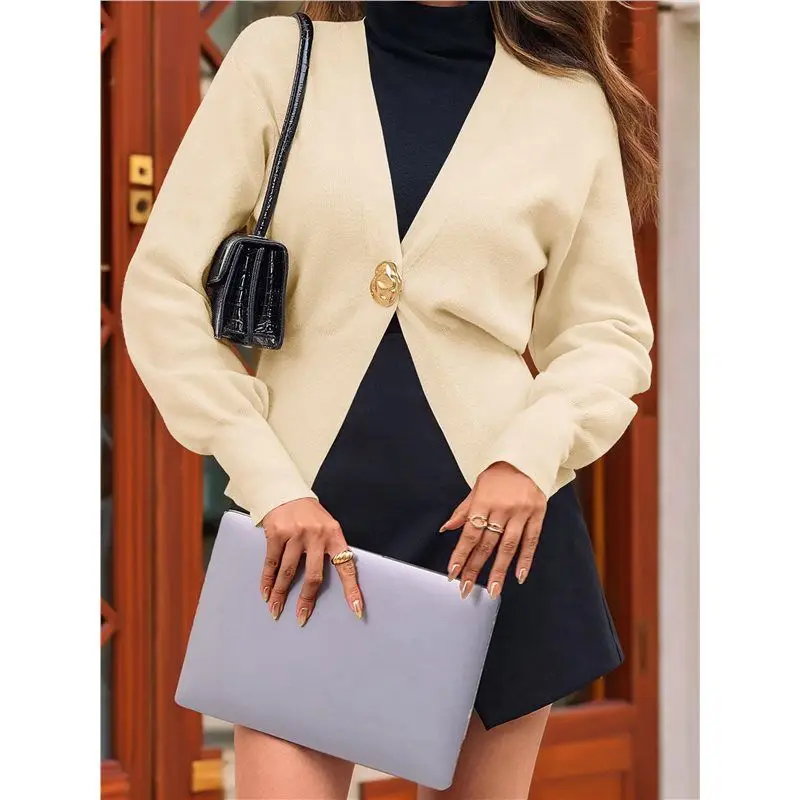 ABDJ-Maglione cardigan lavorato a maglia da donna a maniche lunghe con scollo a V Capispalla con bottoni a una foglia