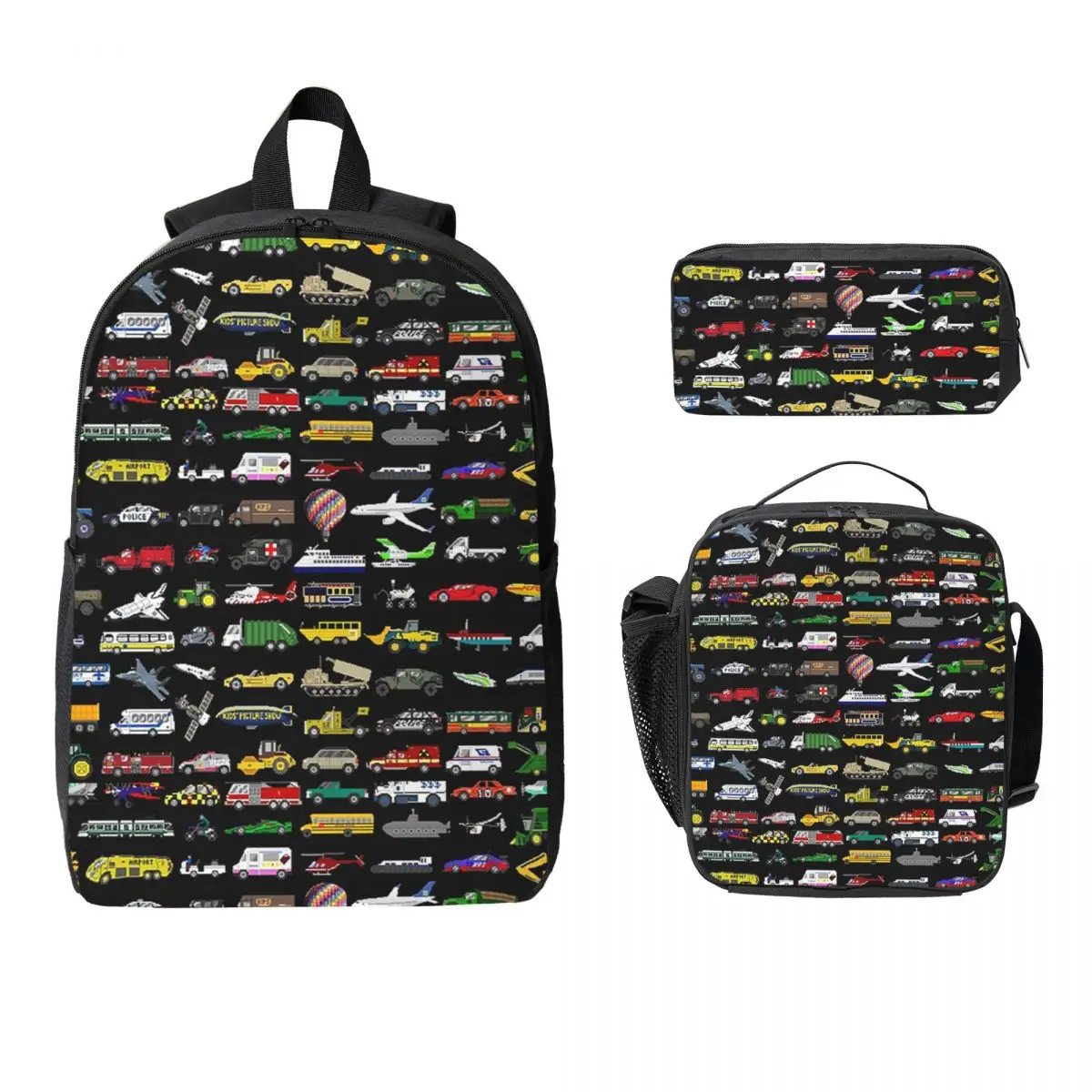 100 Vehicles - The Kids' Picture Show Backpack Student Boys Girls BookBag School Bag 3ps Insulated Lunch Bag Pencil Case