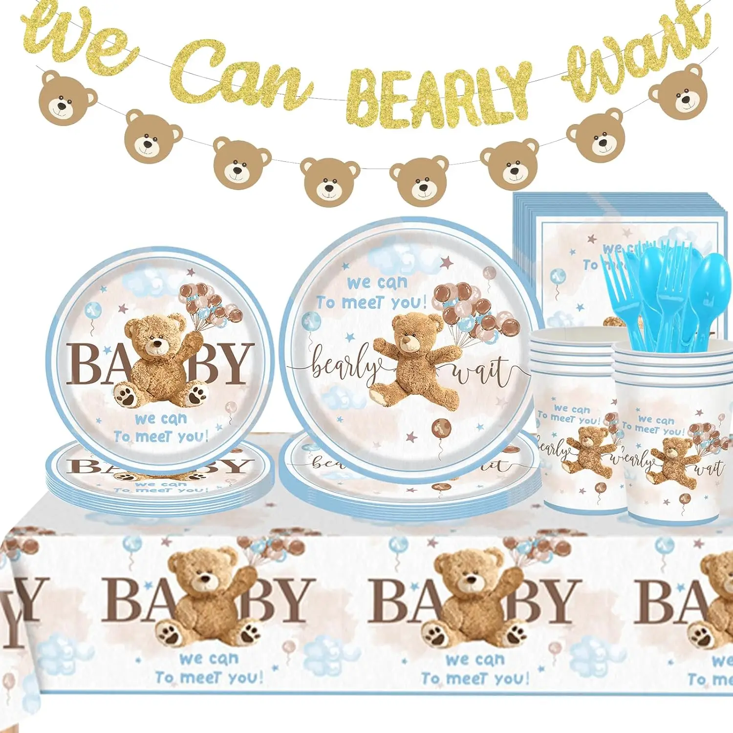 Teddy Bear Baby Shower Decorations We Can Bearly Wait Banner Baby Shower Tablecloth Tableware Set Plates Napkins Birthday Party