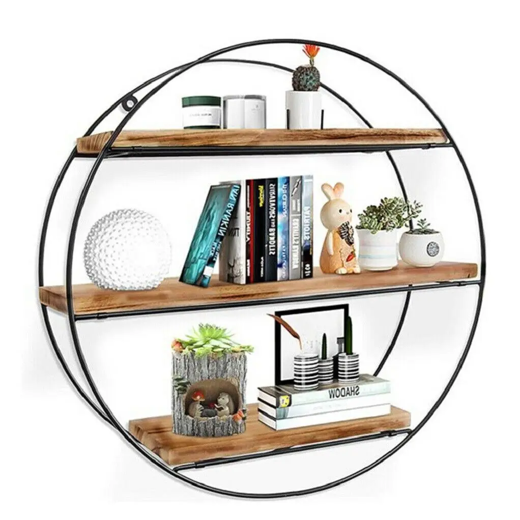Wall Mounted Floating Shelves Round Wood and Metal 3 Tier Wall Display shelves Storage Organiser