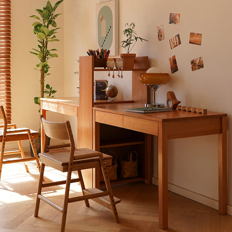 All solid wood one-piece desk bookshelf combination simple one-piece children's double cherry wood study table