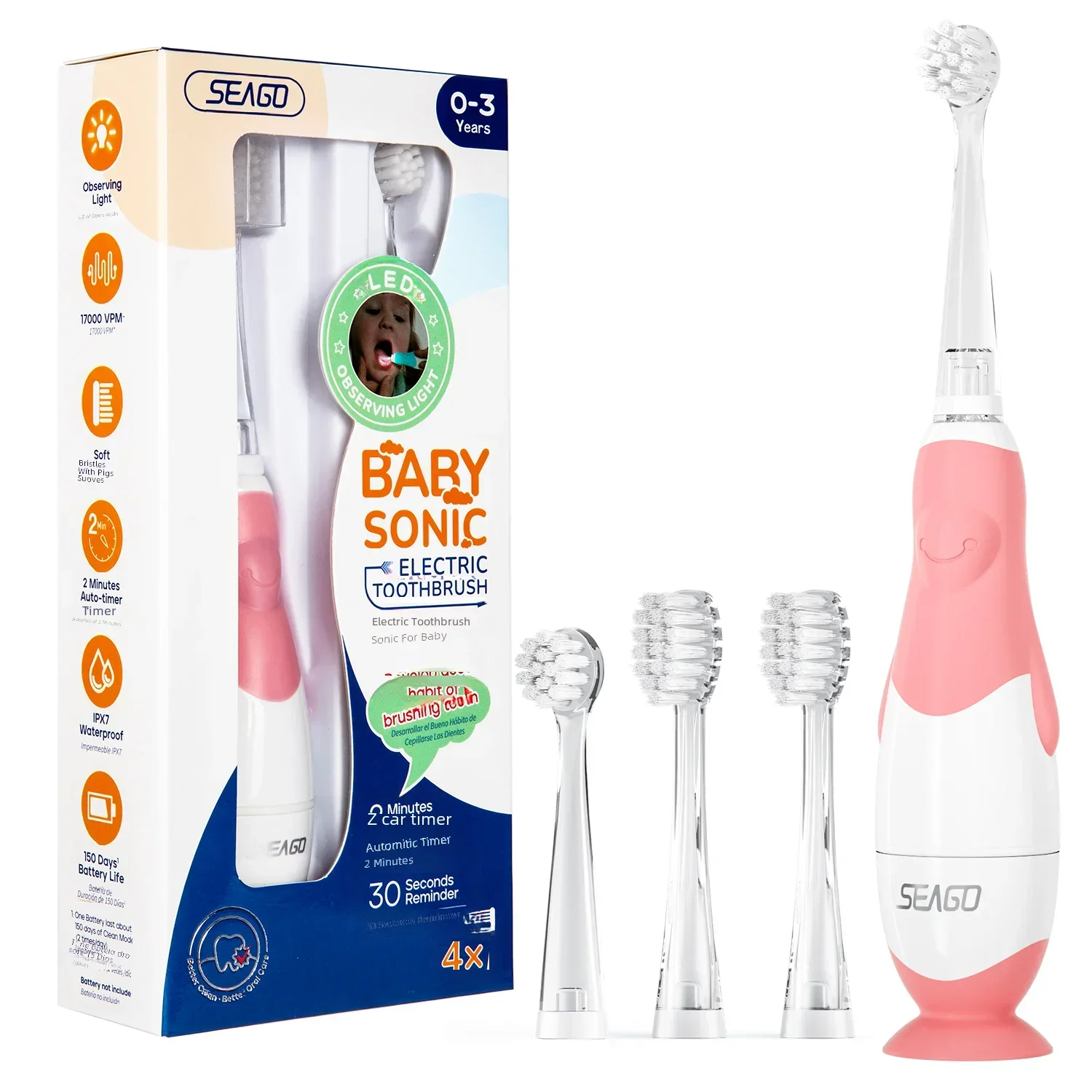 1PC Seago  Children's Electric Toothbrush For Kids Sonic Colorful Led Light  2 Mins Smart Timer Waterproof Ipx7  Soft Hair Gift