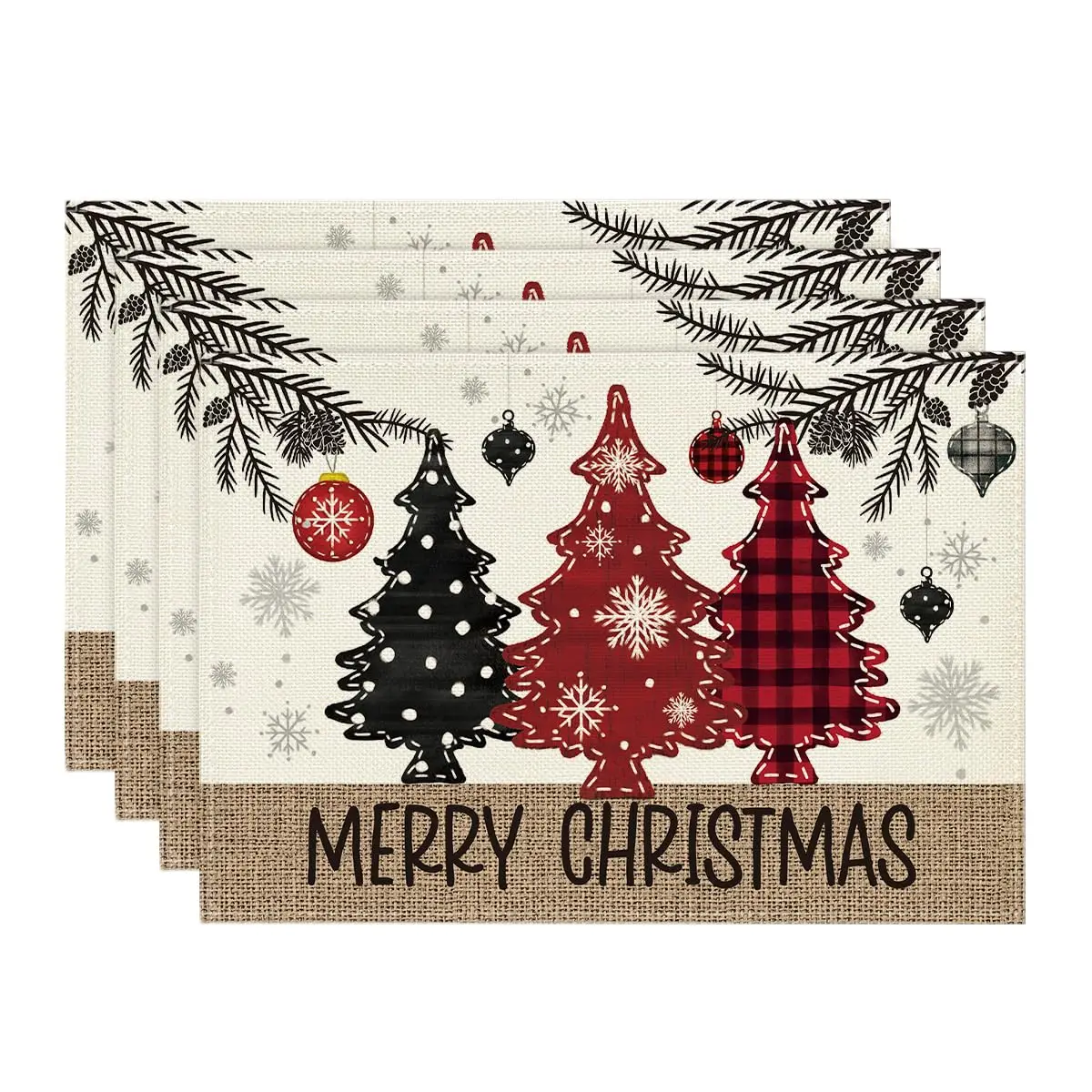 

Red Pine Trees Balls Merry Christmas Placemats Set of 4, 12x18 Inch Winter Xmas Table Mats for Party Kitchen Dining Decoration