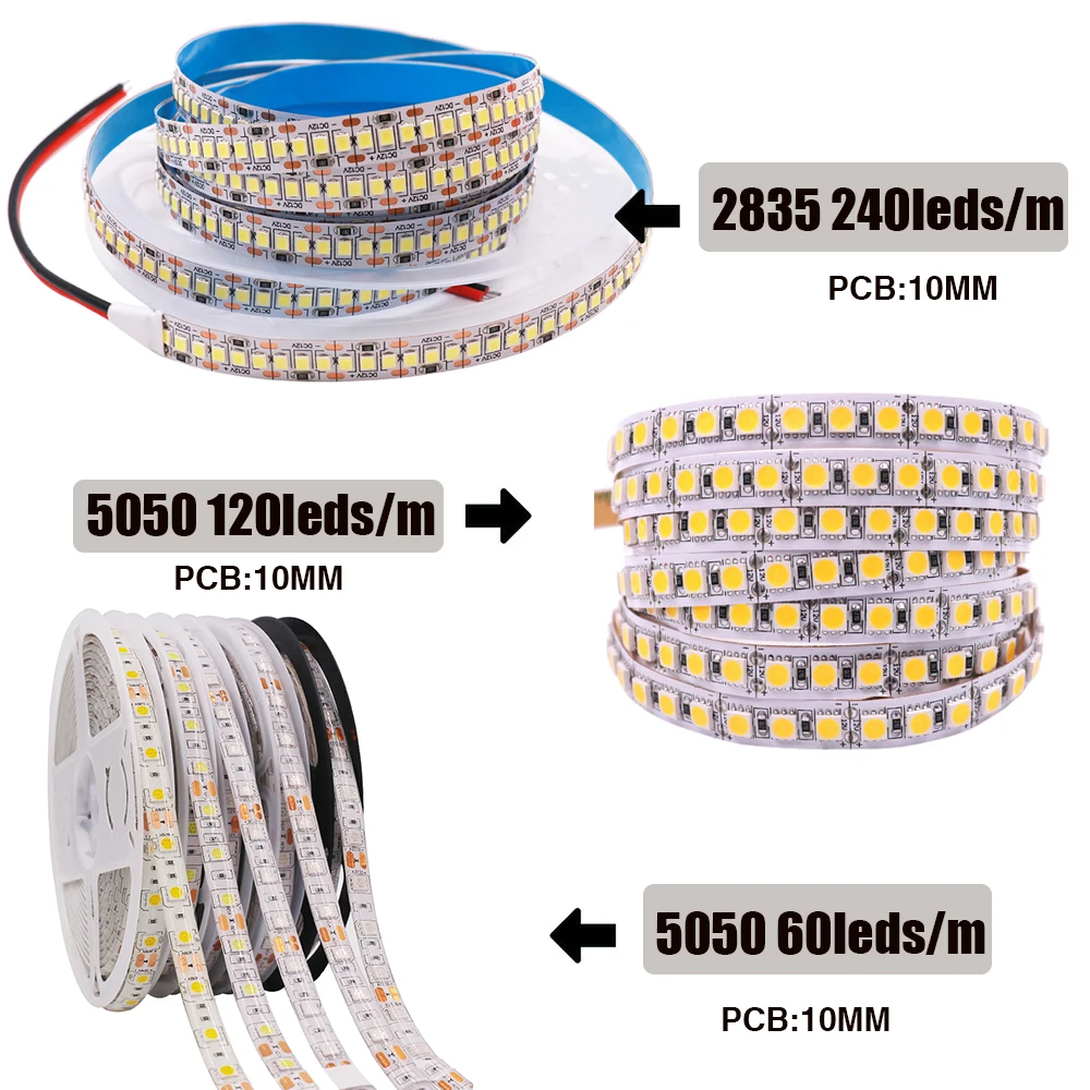 LED Strip 12V SMD 5050 5054 2835 60120 240 Leds/M IP21 IP65 Flexible Ribbon Rope LED Tape for Home Decoration 5M/Roll