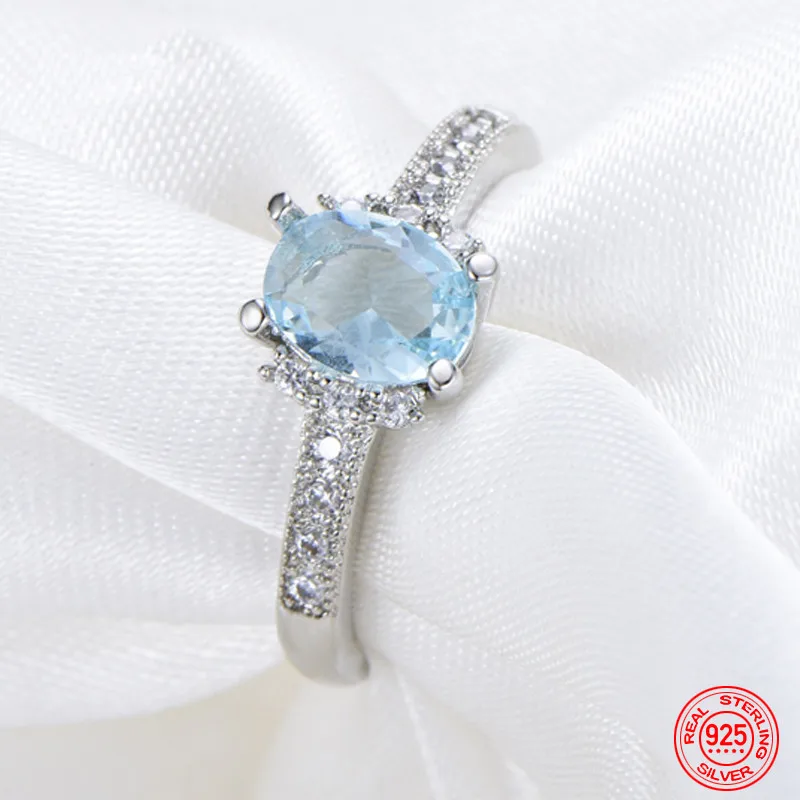 925 Sterling Silver Charm Aquamarine Ring For Women Fashion Wedding Jewelry Engagement Party Gift