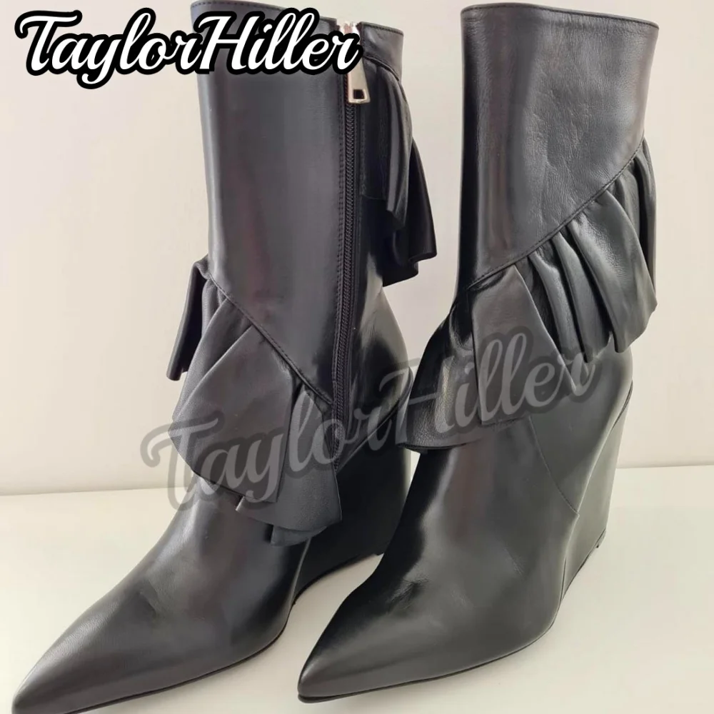 Black Ruffles Pleated Wedges Boots Round Toe Side Zipper Pointy Toe Mid-calf Botas Women Luxury Designer Shoes 2026 New Booties