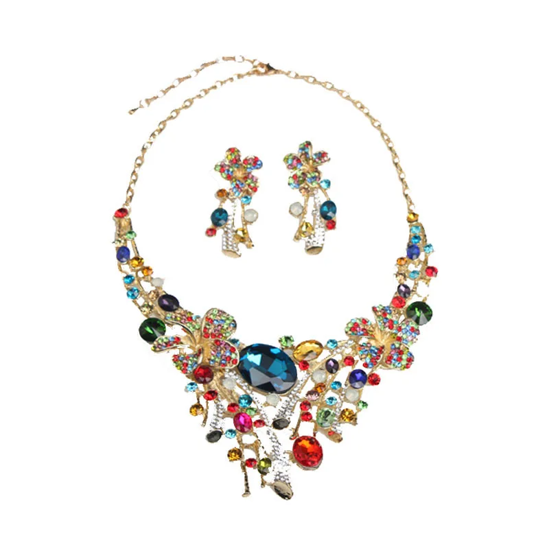Cross-border e-commerce European bride exaggerated crystal flower colored necklace earring set wedding banquet jewelry set