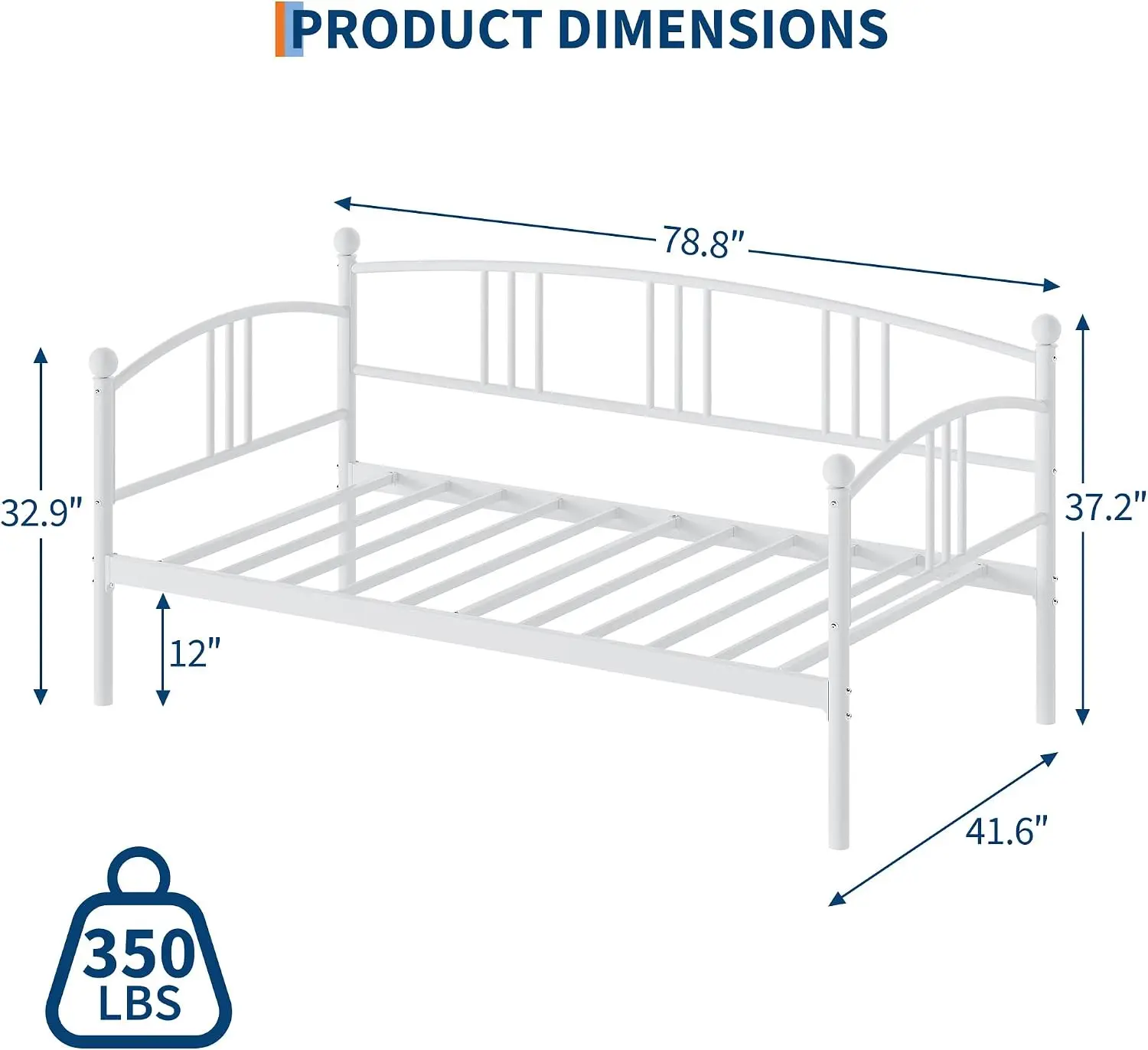 Twin Size Metal Daybed Without Trundle – Steel Slat Support, Sofa Bed Design for Living Room, Bedroom & Guest Room (White)