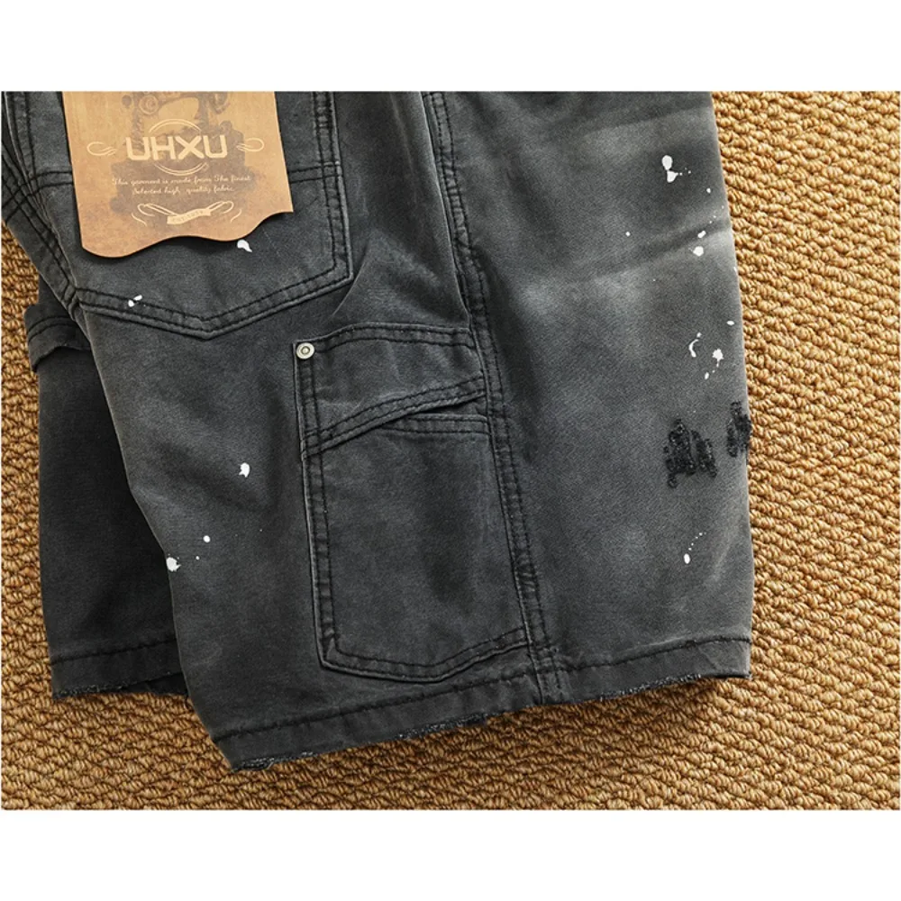 Shorts de trabalho retrô para homens, pintados com spray, envelhecidos, lavados, algodão puro, tecido pesado, solto, reto, calças capri