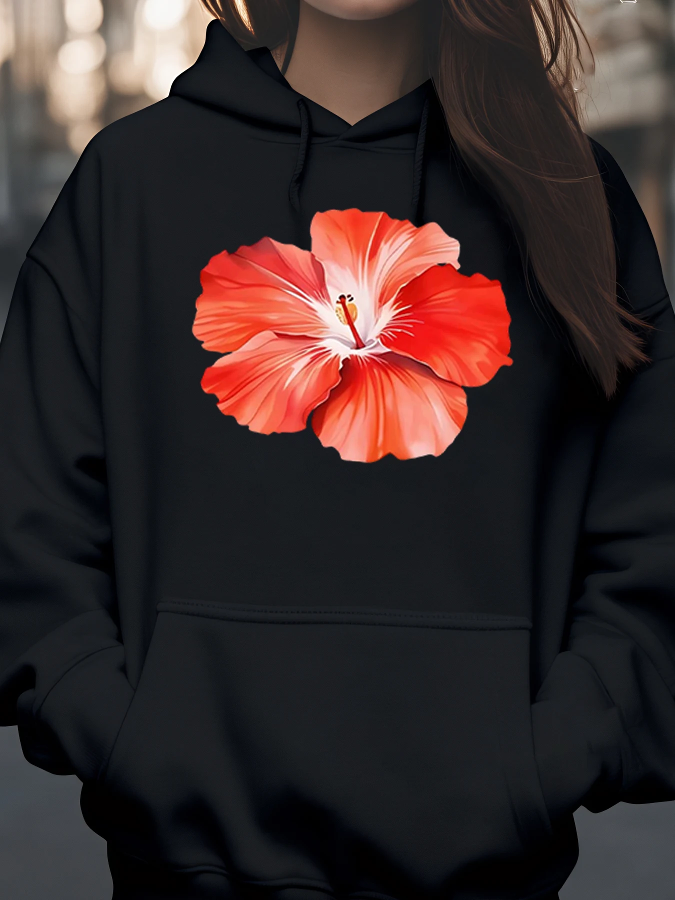 

Красная толстовка с цветочным принтом гибискуса, весна-лето, повседневная одежда, женская мода