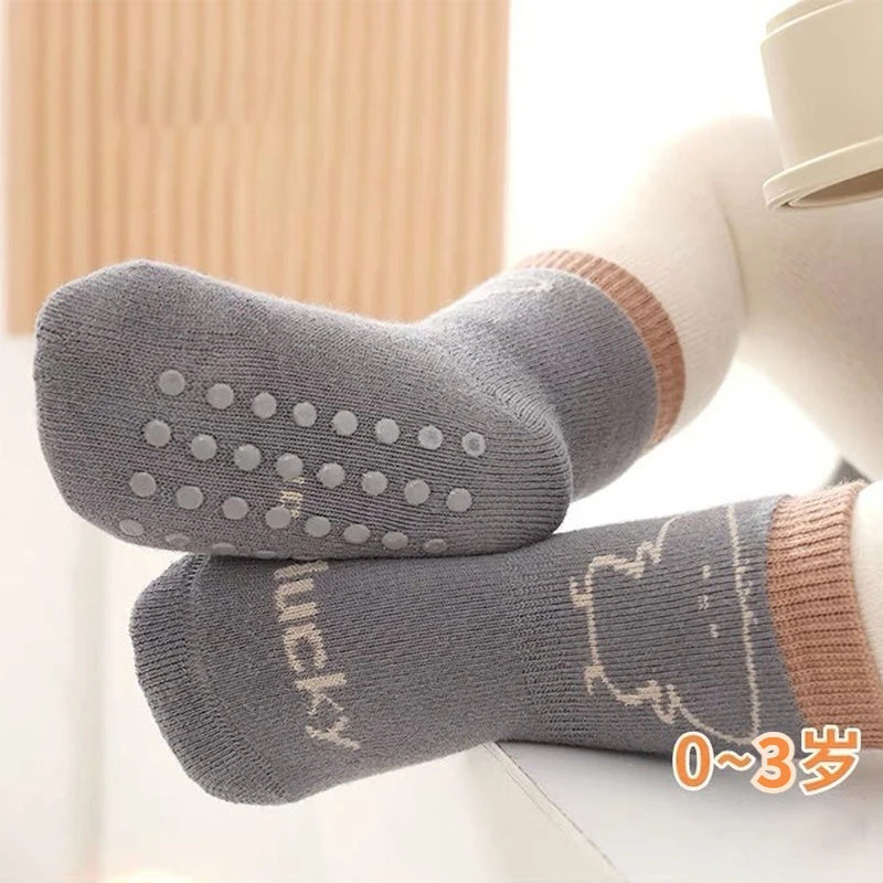 4 Pairs Baby Socks Autumn Winter Fleece Lined Thickened Anti-Slip Cartoon Floor Socks Mid Tube Newborn Kids Socks