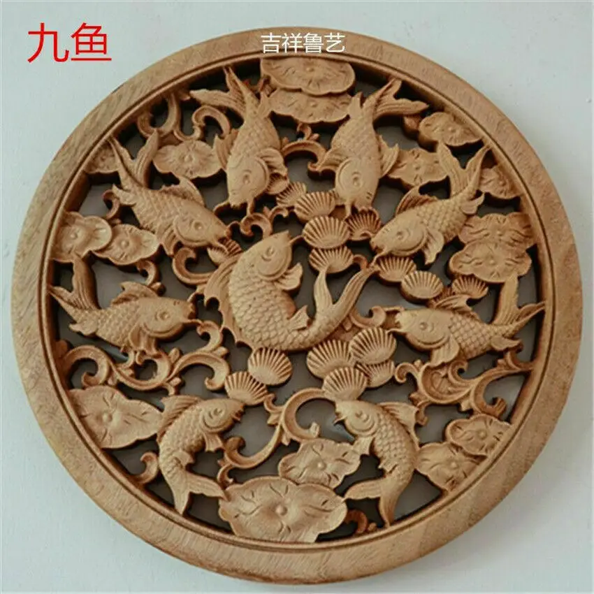 CHINESE HAND CARVED NINE FISH STATUE CAMPHOR WOOD ROUND PLATE WALL SCULPTURE home decoration accessories