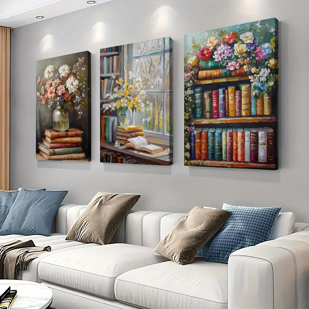 3-piece set of vintage flowers and old books frameless canvas decorative paintings, living room, study, bedroom, modern minimali