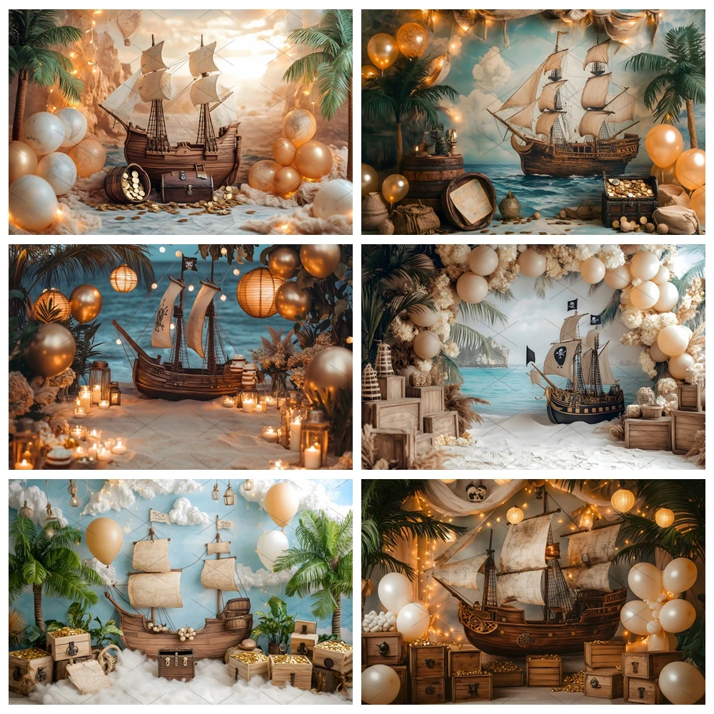 

Pirate Ship With Treasure Chest Photography Backdrop Kids Baby Cake Smash Photocall Decor Boys Adult Birthday Backgrounds