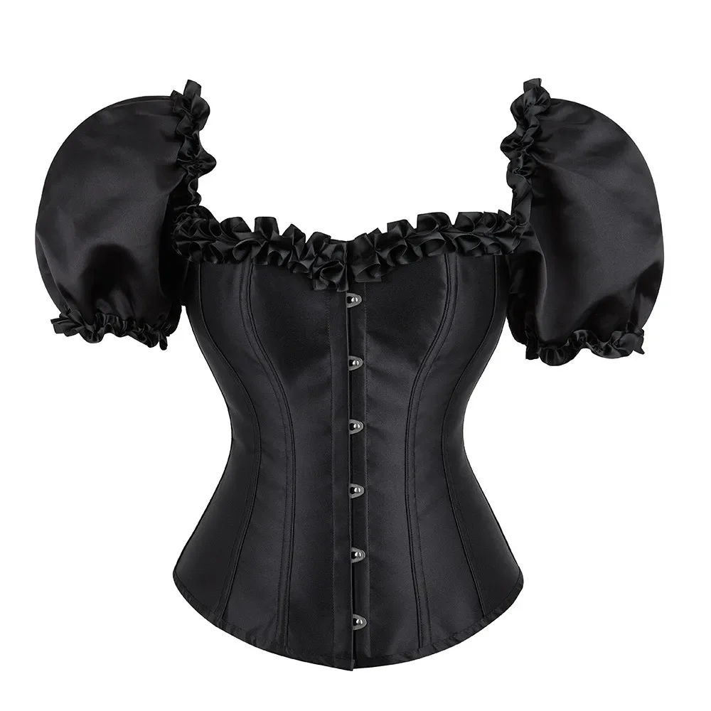 Women Overbust Corset Top Ruffle Puff Short Sleeve Bustier Lace up Corsetto Gothic Sexy Waist Cincher Korset Black