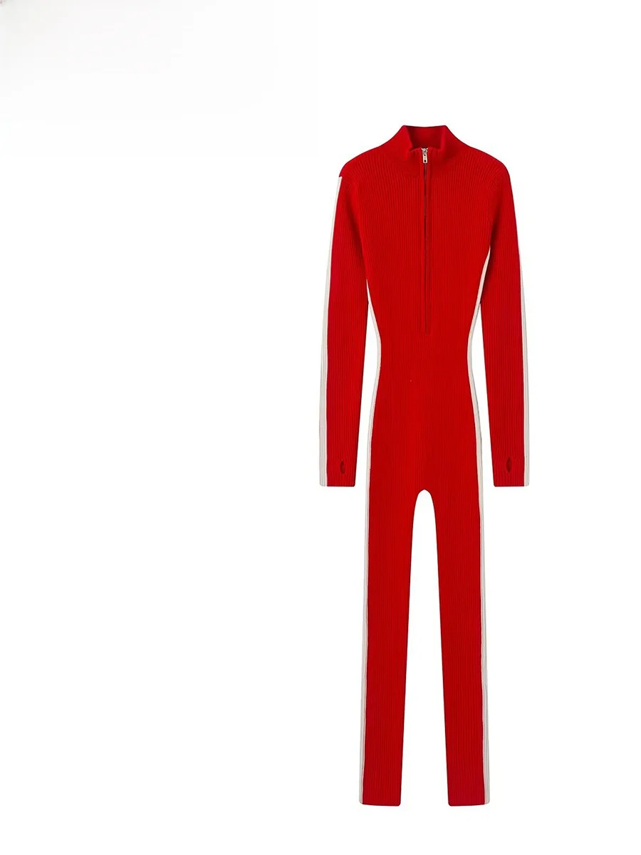 

ZARK Spring Faion Knitted f Zip Onesie High Waist Straight Leg Long Pants Women's Suiting High Quali Polyester