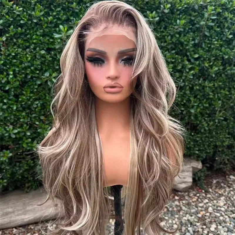Balayage Ash Brown with Blonde Highlight Wavy 100% Human Hair Lace Front Wigs