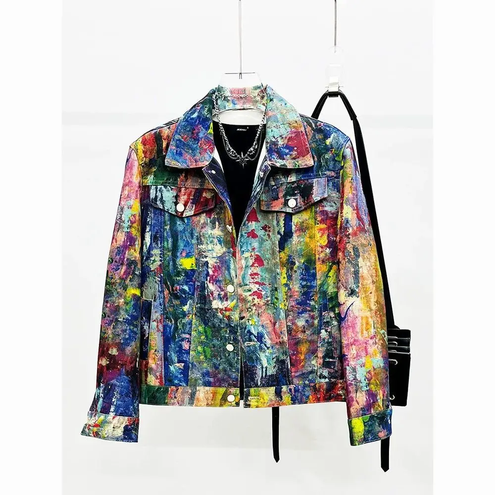 

Spring and Autumn Personality Painting Graffiti New Denim Jacket Color Fashion Versatile Loose Casual
