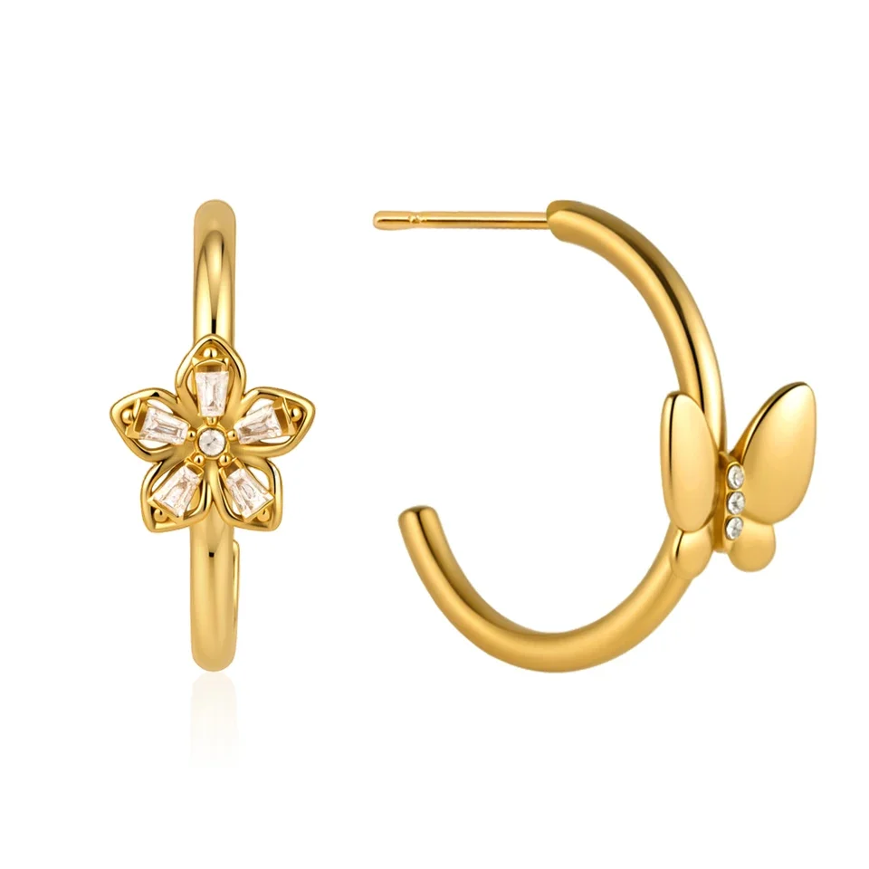 

Asymmetric Crystal Butterfly Zircon Flower Stud Earrings For Women 18K Gold Plated Stainless Steel Earrings Girls Gift