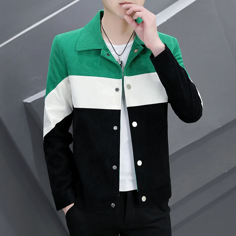 

Мужская приталенная вельветовая куртка в стиле колор-блок, модная молодежная верхняя одежда, ветрозащитная, с длинными рукавами, на пуговицах