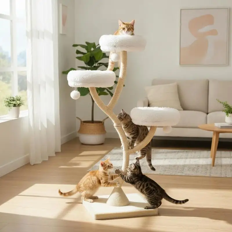 Arbre à chat multi-niveaux de 70 pouces avec poteaux à gratter en sisal, condo robuste pour plusieurs chats, centre d'activités intérieur pour salon et chambre, beige, facile à assembler, structure stable anti-basculement, idéal pour le divertissement et le repos quotidien des chats d'intérieur.