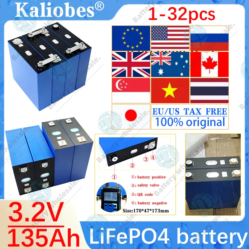 

Grade A LiFePo4 135Ah 3.2v Lithium Battery Cell Prismatic Li Ion Rechargeable Lifepo4 3.2v Batterie Solar PV EU US TAX FREE