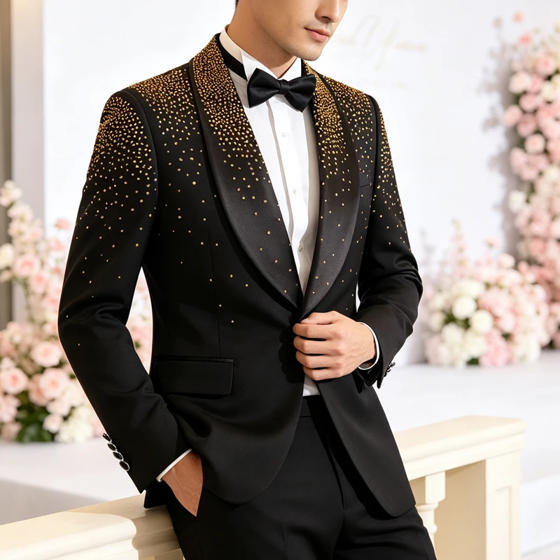 Men's 2-Piece Double-Breasted Shawl Lapel Suit Set - Slim Fit Polyester Silky Wrinkle-Resistant Handmade Tuxedo with Rhinestone Beads, Jacket & Dress Pants for Weddings, Party Wear