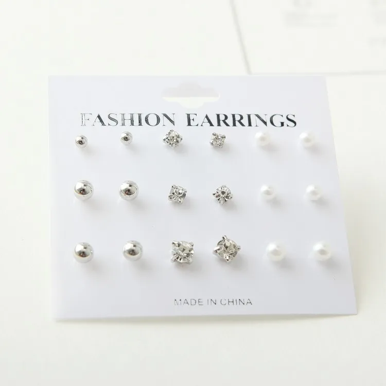 9 pairs/set Stud Earrings Sets For Women Retro Ear Jewelry Simulated Pearls Crystal Hollow Flower Fashion OL Brincos Promotion