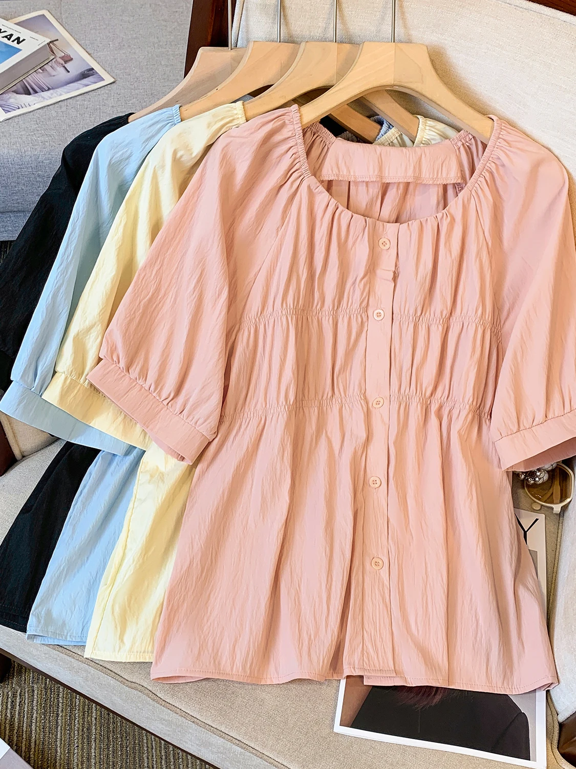 

plus Size Summer Bubble Sleeve Shirt round Neck Belly Covering Versatile Women's Top Casual Style Short Sleeve round Neck