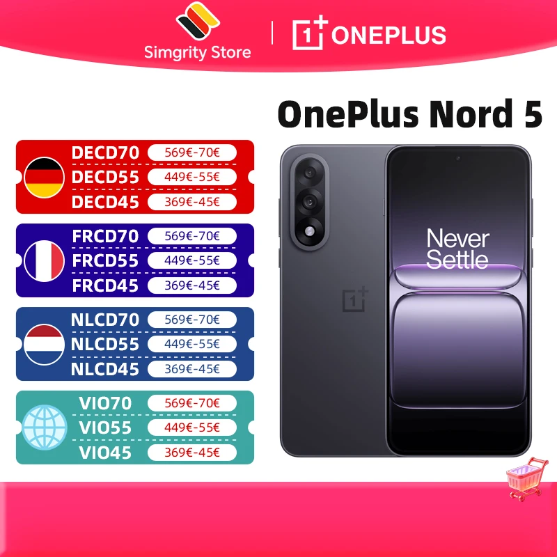 Smartphone OnePlus Nord 5 8 Go + 256 Go/12 Go + 512 Go, cran AMOLED 1,5K (FHD+) de 6,83 pouces, 2800 x 1272, Snapdragon 8s Gen 3, Android 15, appareil photo 50 Mpx OIS+EIS, batterie 6800 mAh, 80 W, Wi-Fi 6, Bluetooth 5.4, NFC, GPS