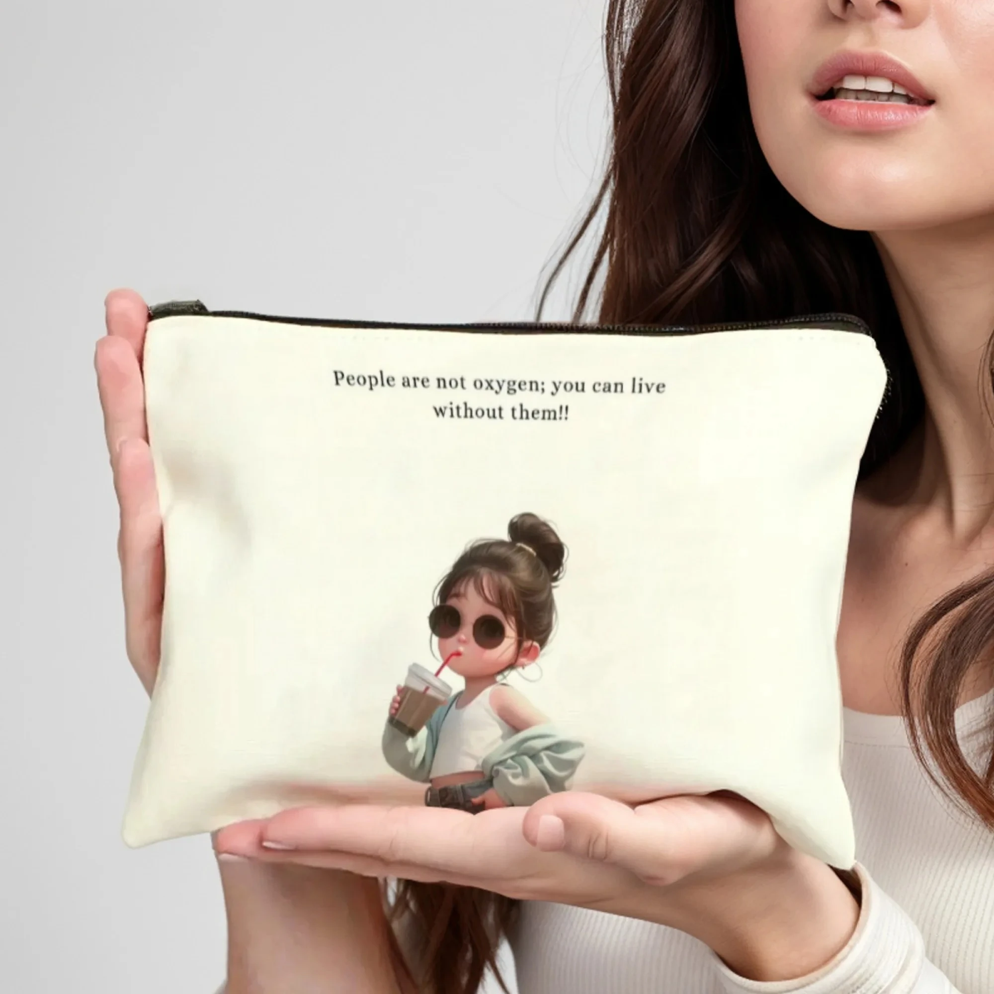 

"Milk Tea Girl" Print Stylish Zippered Makeup Bag Portable Cosmetic Case with Mirror Durable Travel Toiletry Bag