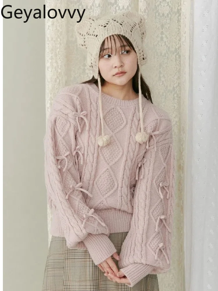 和風純粋な甘い女の子風リボンラウンドネックプルオーバーセーター秋冬新作万能ダイヤモンドボウ長袖セーター