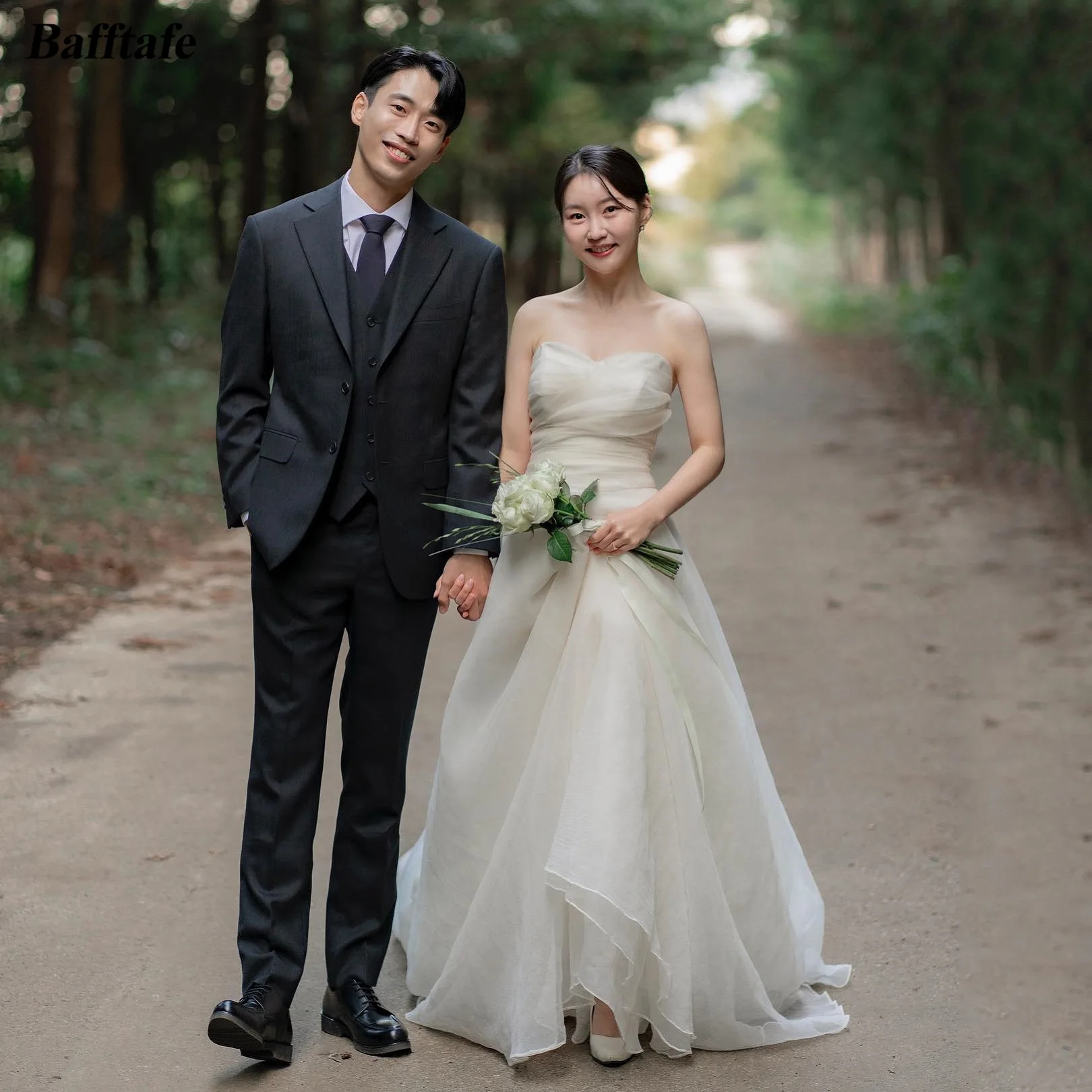 Bafftafe A Line Organza Korea Wedding Dresses Simple Pleated Bride Formal Party Wedding Photography Long Bridal Gowns Customized