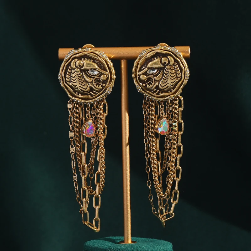 Antique Jewelry Coin Lion Head Dangle Earrings Big Long Gold Color Layer Tassel Chain Animal Exaggerated Personality Vintage