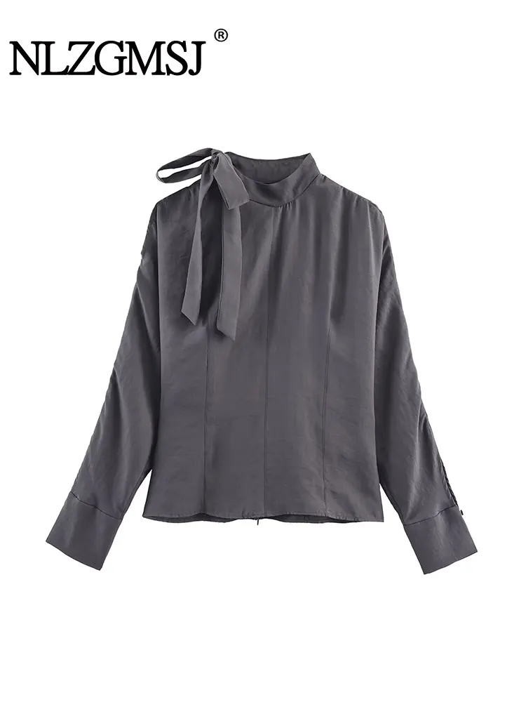 

NLZGMSJ Casual Chic Solid Women Blouse O-Neck Long Sleeve Bow Loose Shirts New Fashion 2025 Autumn Elegant Female Blouse