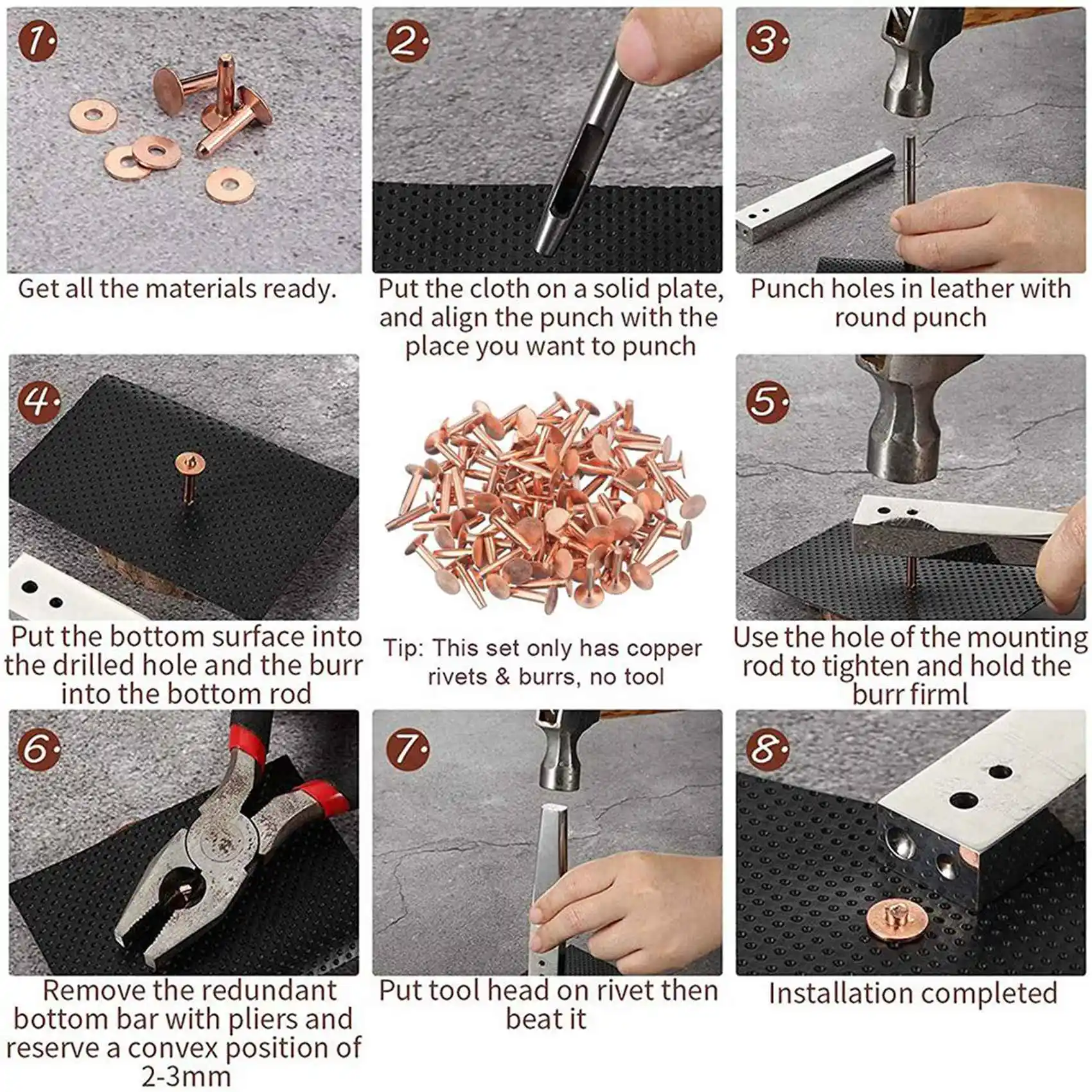 

AC23-200 Sets Copper Rivets And Burrs Washers Leather Copper Rivet Fastener For Wallets Collars Leather DIY Craft Supplies