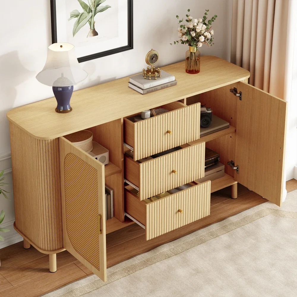 Modernes Sideboard mit vielseitigen Holzoptik-Schubladen, Regalen, Metallbeinen für die Aufbewahrung im Wohnzimmer – Detail 7