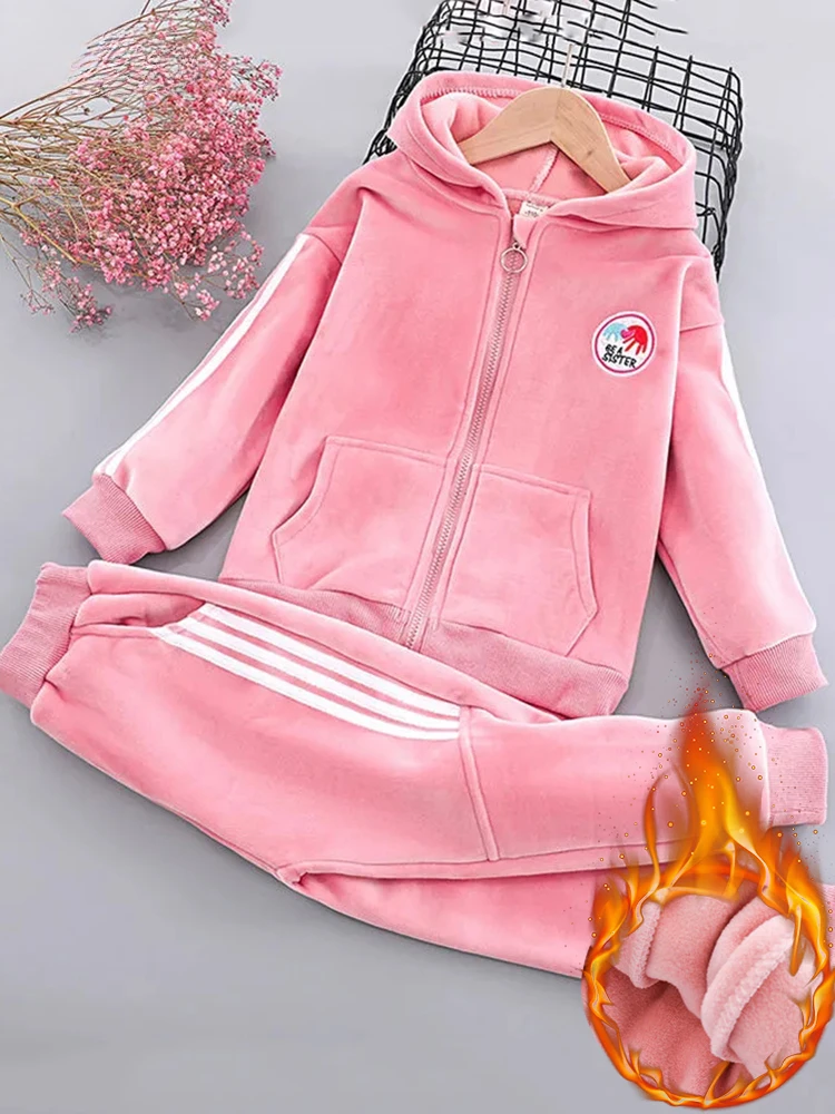 Winter Thick Velvet Girls 2 Piece Sets Hooded Warm Zipper Coats + Plush Lined Joggers Pants Fashion Children Tracksuit Ensemble