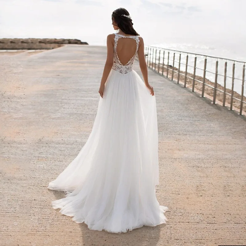 Customized A Line Women Wedding Dresses BOHO Lace Tulle Bridal Gowns Party Side Slit Backless Formal robe de mariée