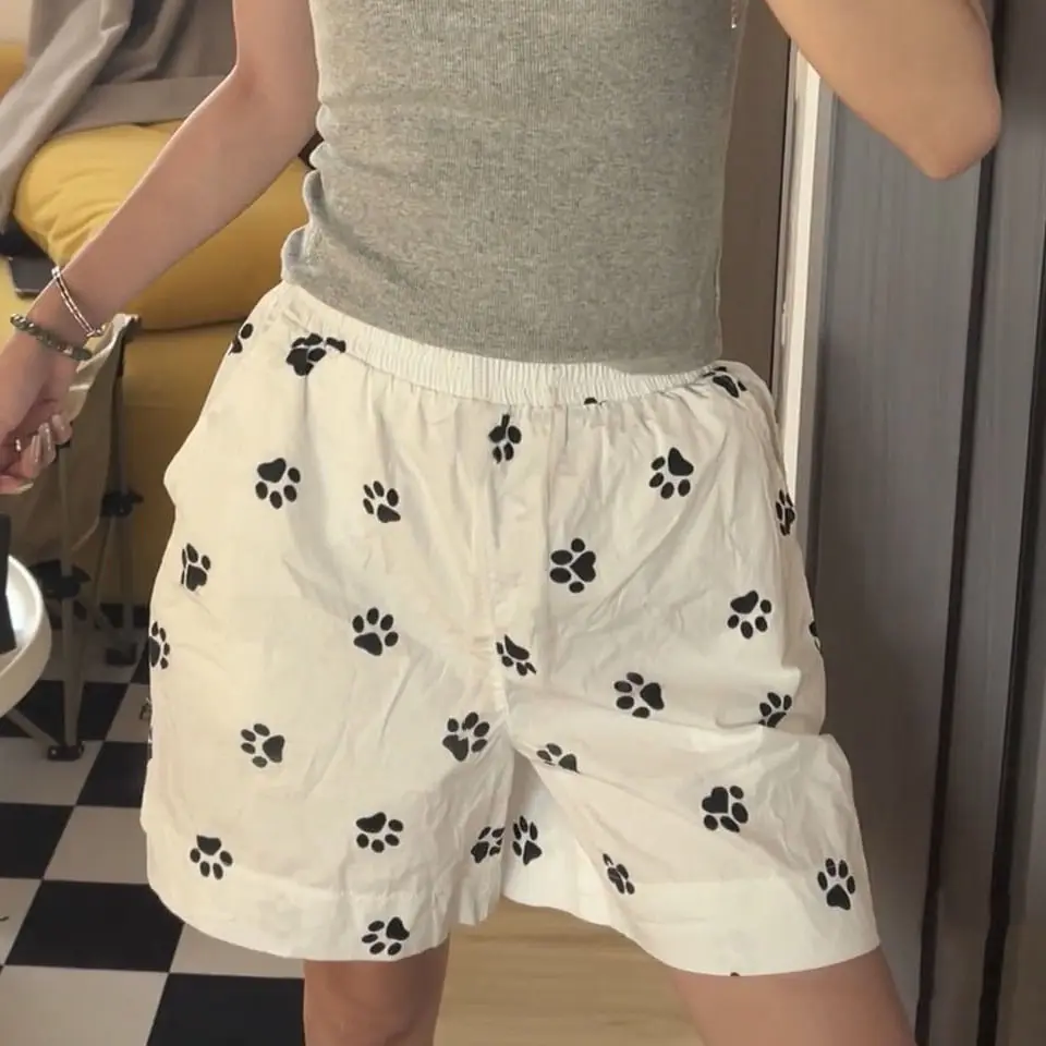 

Cute Dog Footprint Print Women Shorts Streetwear Women's Clothing Summer Casual Ladies Solid Wide Leg Pants Lady Outwear Shorts