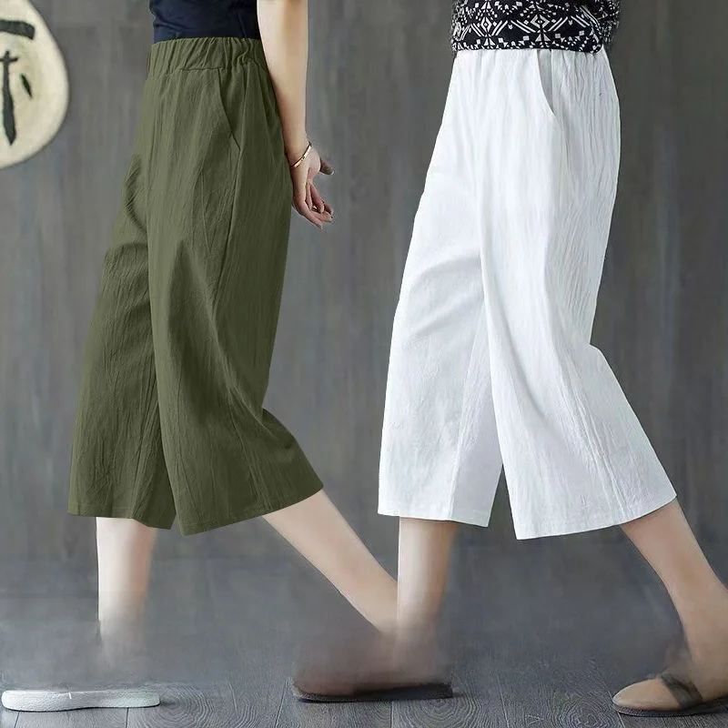 Pure Color Wide Leg Pants Women's Spring Summer Thin Simple Match Elastic Waist Casual Pants Seven Points Pants