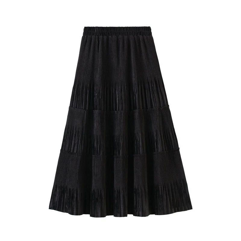 OHRYIYIE Solid Color Vintage Long Velvet Pleated Skirt Women 2024 New Autumn Winter Fashion Lady High Waist A Line Skirt Female