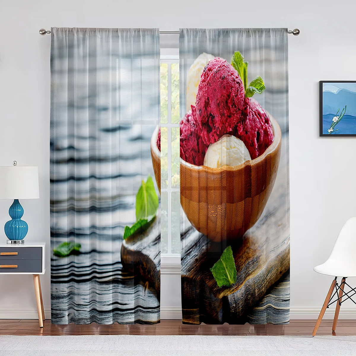 Ice Cream Ball Sweet Cold Creamy Dessert Sheer Voile Curtains for Living Room Bedroom Tulle Curtains Kitchen Window Panel Drapes