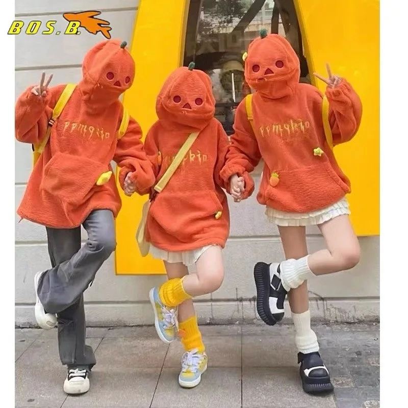 

2024 fall and winter new Halloween around Funny Pumpkin Head Pocket Sweatshirt Couple Pullover Sweatshirt Holiday Dress Up