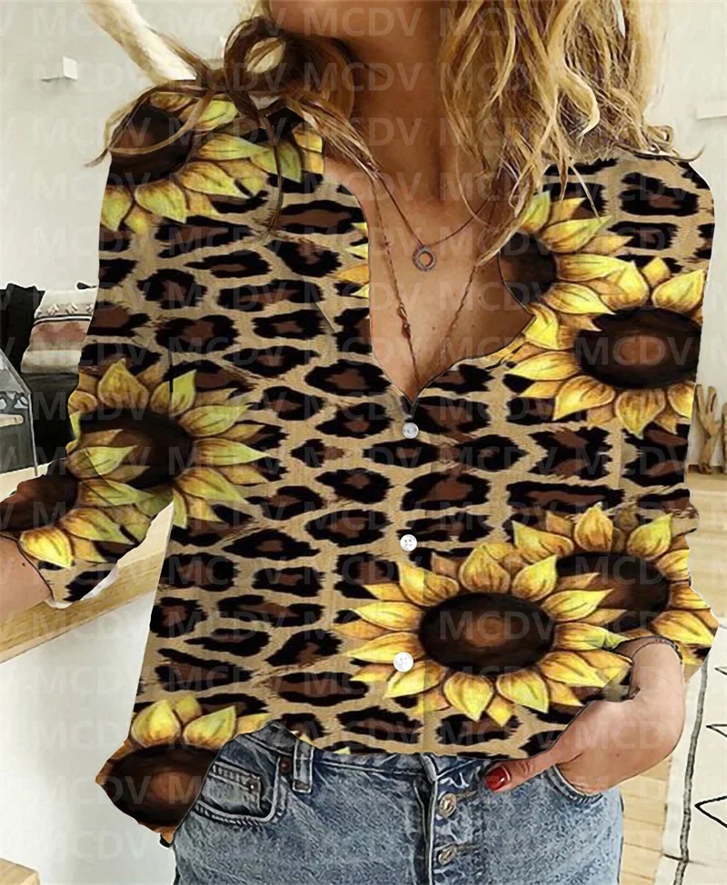 

Women Linen Shirt Leopard patterned sunflower 3D Printed Button-down Shirt Casual Unique Streewear 12 Style