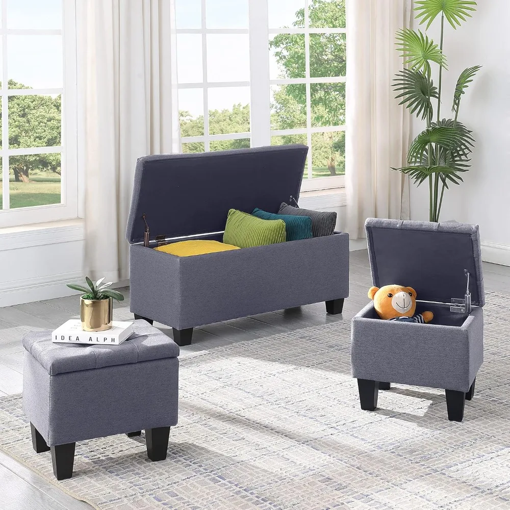 

Hinged Storage Ottoman Set of 3, 38'' Living Room Storage Bench with Thick Seating, 2pcs Small Square Dorm Stool Couch