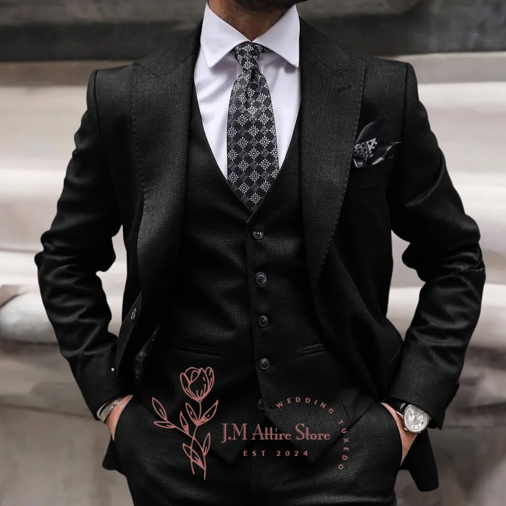 Mens formal suit 3-piece set jacket vest pants peak lapel single-breasted gray outfit for wedding groom ball party custom tuxedo